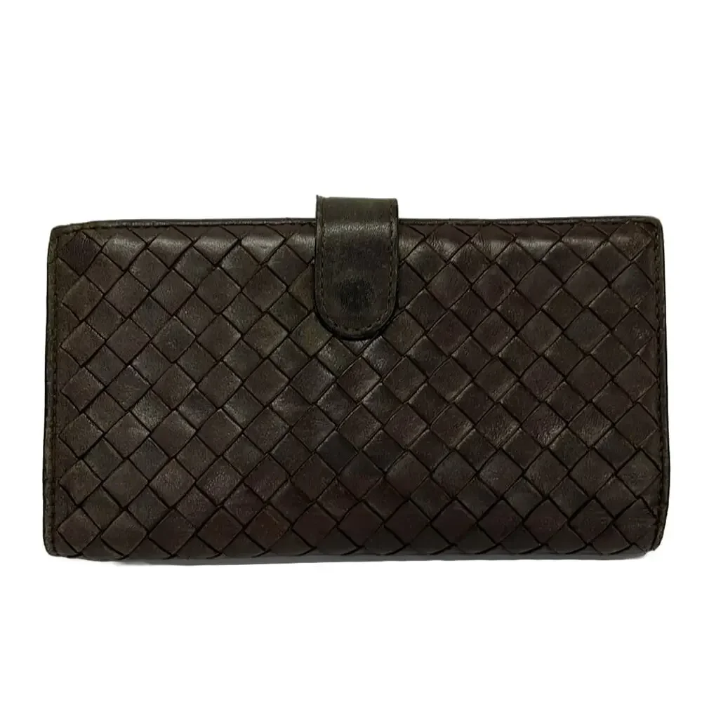 Bottega Veneta Intrecciato Long Wallet 121062 Dark Brown Gold Leather Hardware